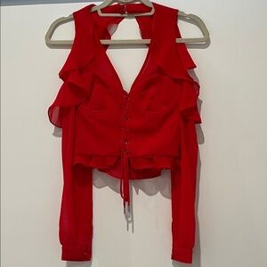 MAJORELLE Vibrant Red Ruffled Blouse